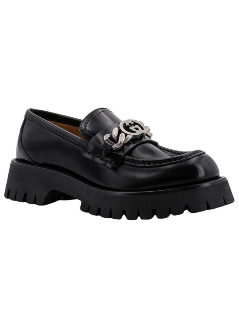 GUCCI GG logo chain leather chunky lug loafers